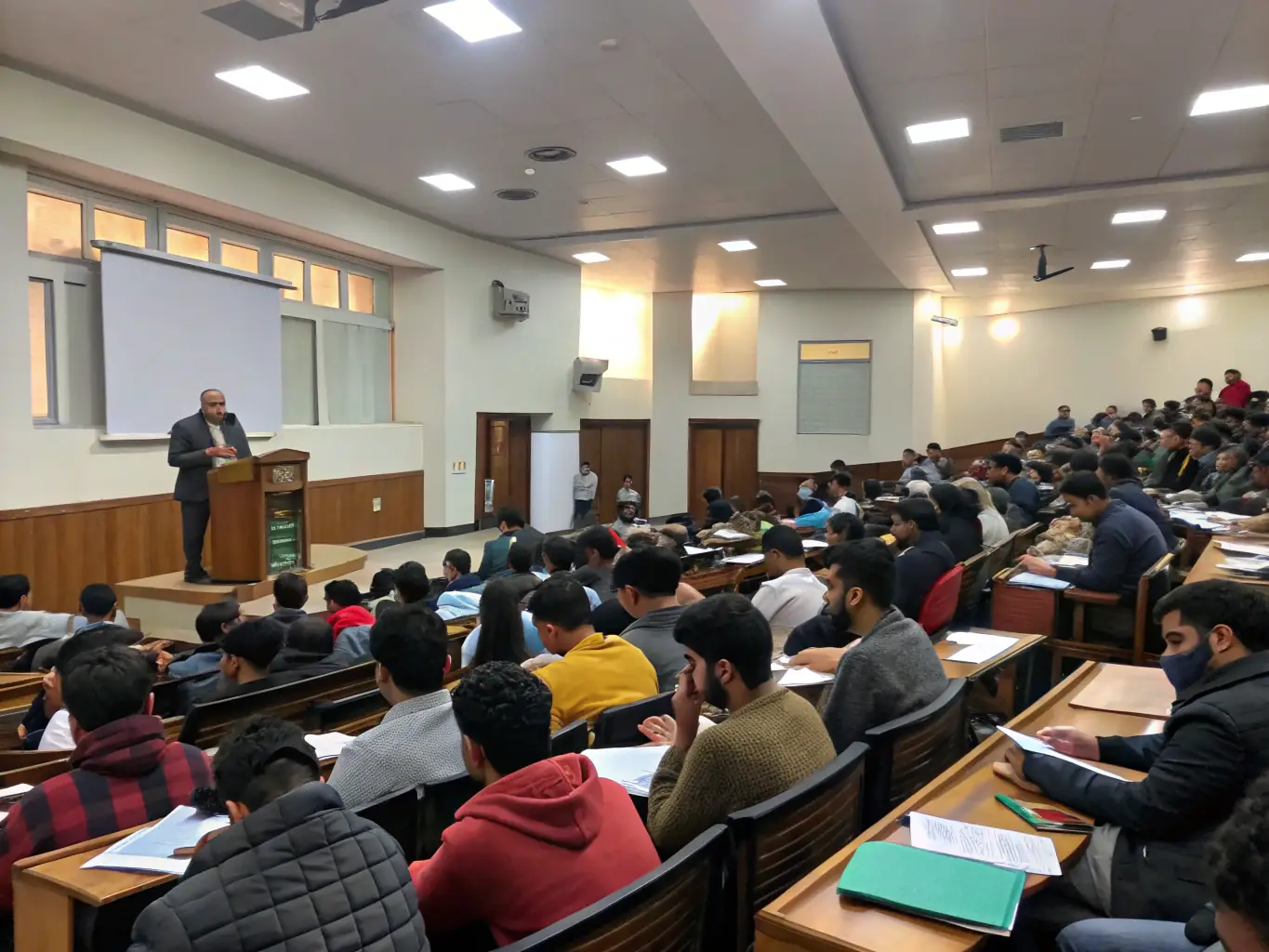 A photograph capturing a lecture in progress at Musée Soulages, with an engaged audience listening attentively to the speaker. The setting is a modern auditorium with comfortable seating and professional lighting.