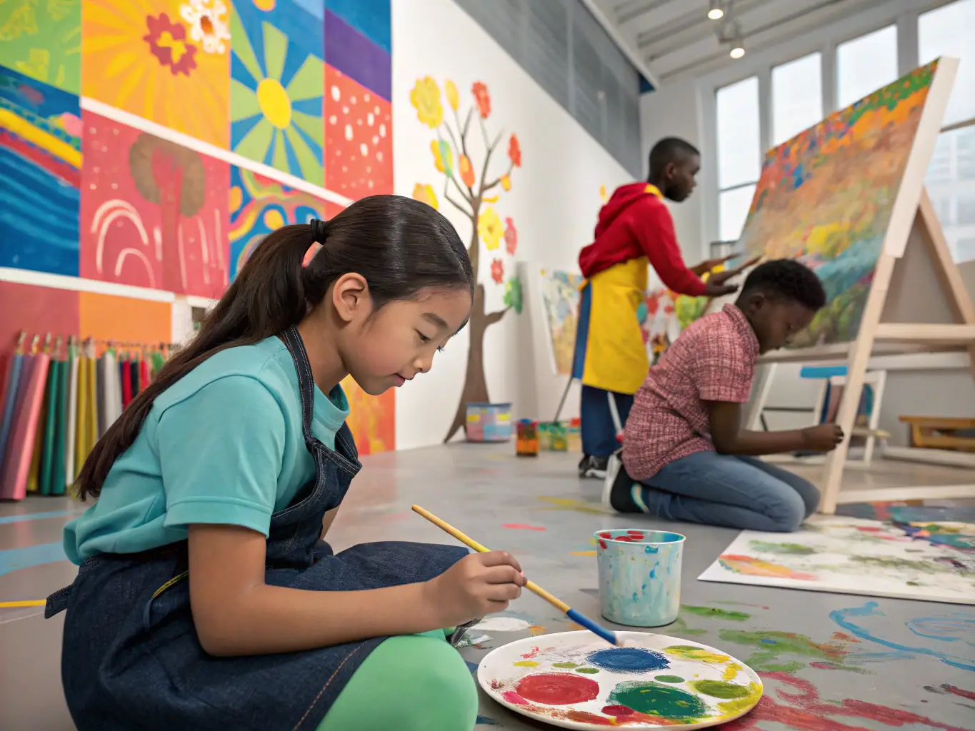 A classroom setting with children participating in an art workshop, guided by an instructor. The atmosphere is creative and interactive, with colorful art supplies and finished artworks on display.